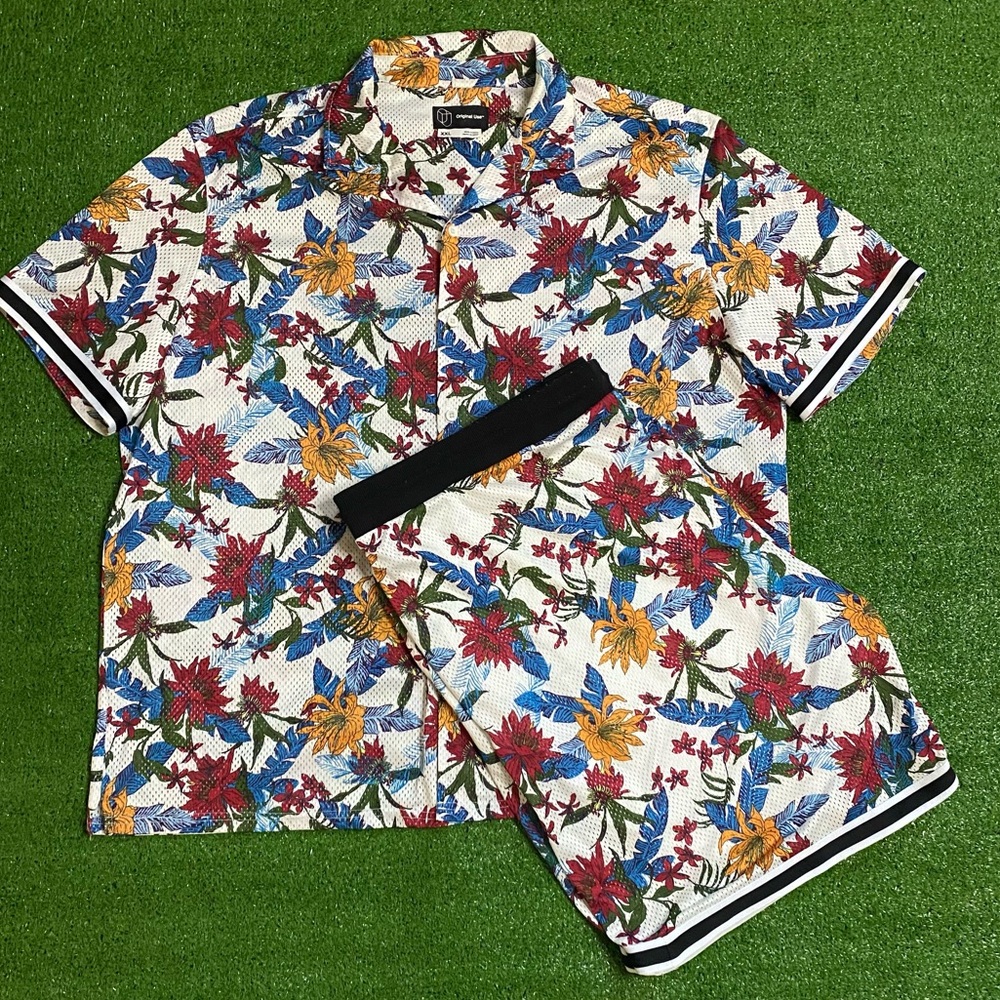 Set of OG Mesh Hawaiian Shirt & Elastic Drawstring Shorts w/ Polyester Lining 2X